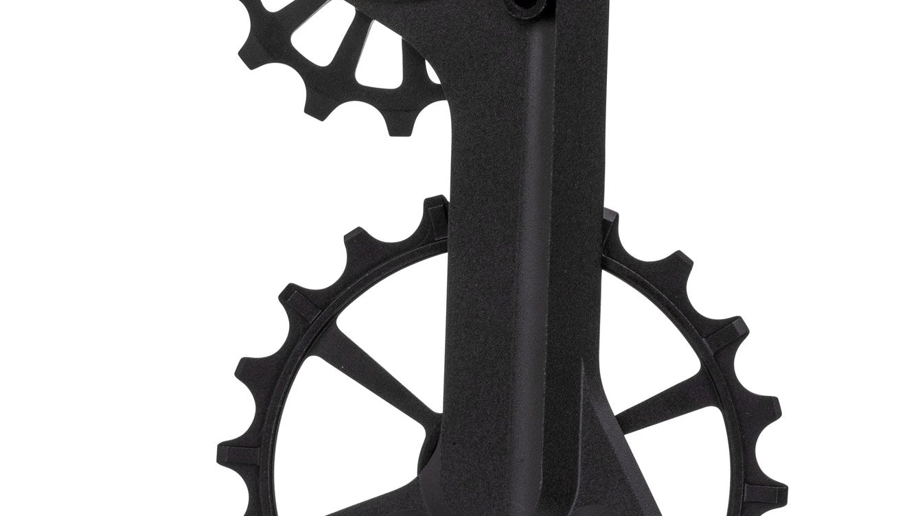 Speed Kolossos Pulsar oversized derailleur cage in black with the Pulsar icon etched into the lower chain guard