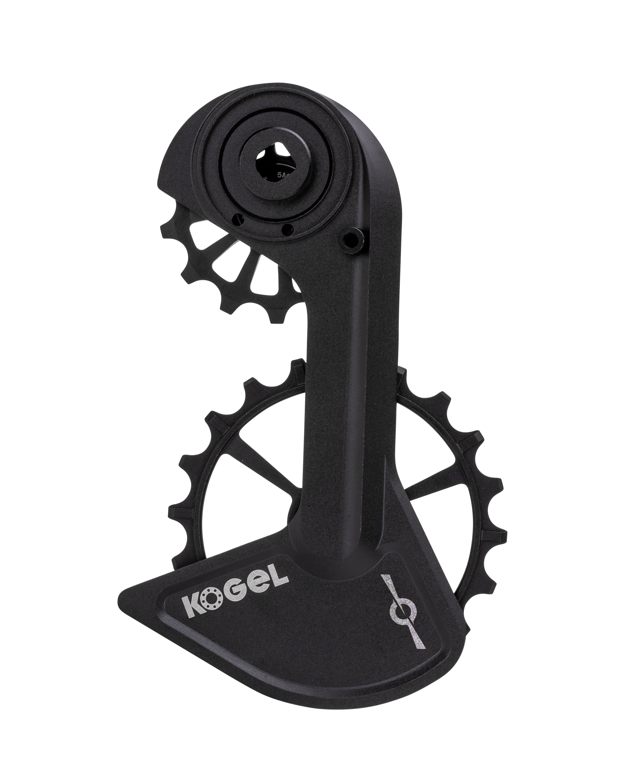 Kogel Speed Kolossos Pulsar oversized derailleur cage in anodized black, three-quarter view with the Pulsar icon etched on the lower chain guard