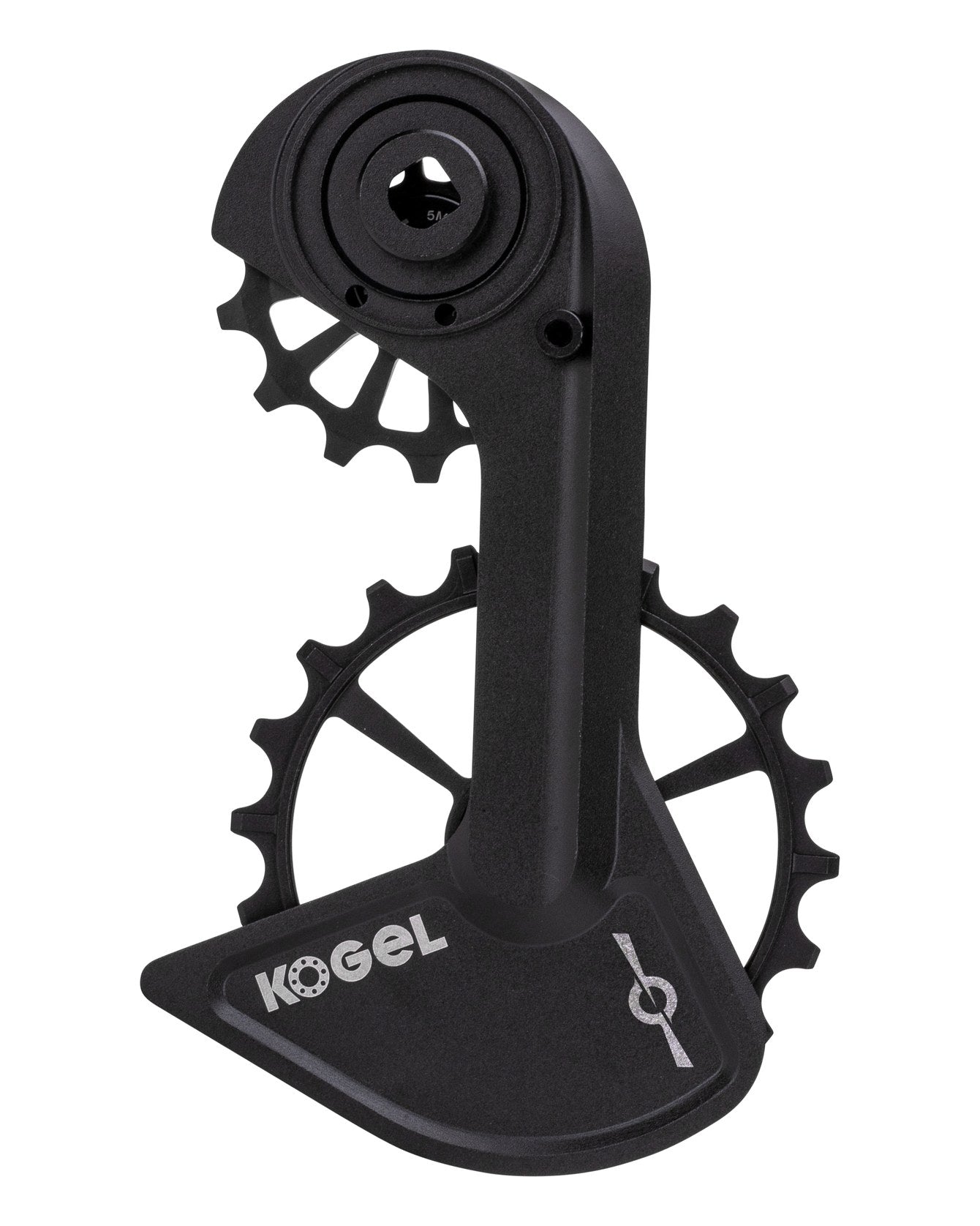 Speed Kolossos Pulsar oversized derailleur cage in black with the Pulsar icon etched into the lower chain guard