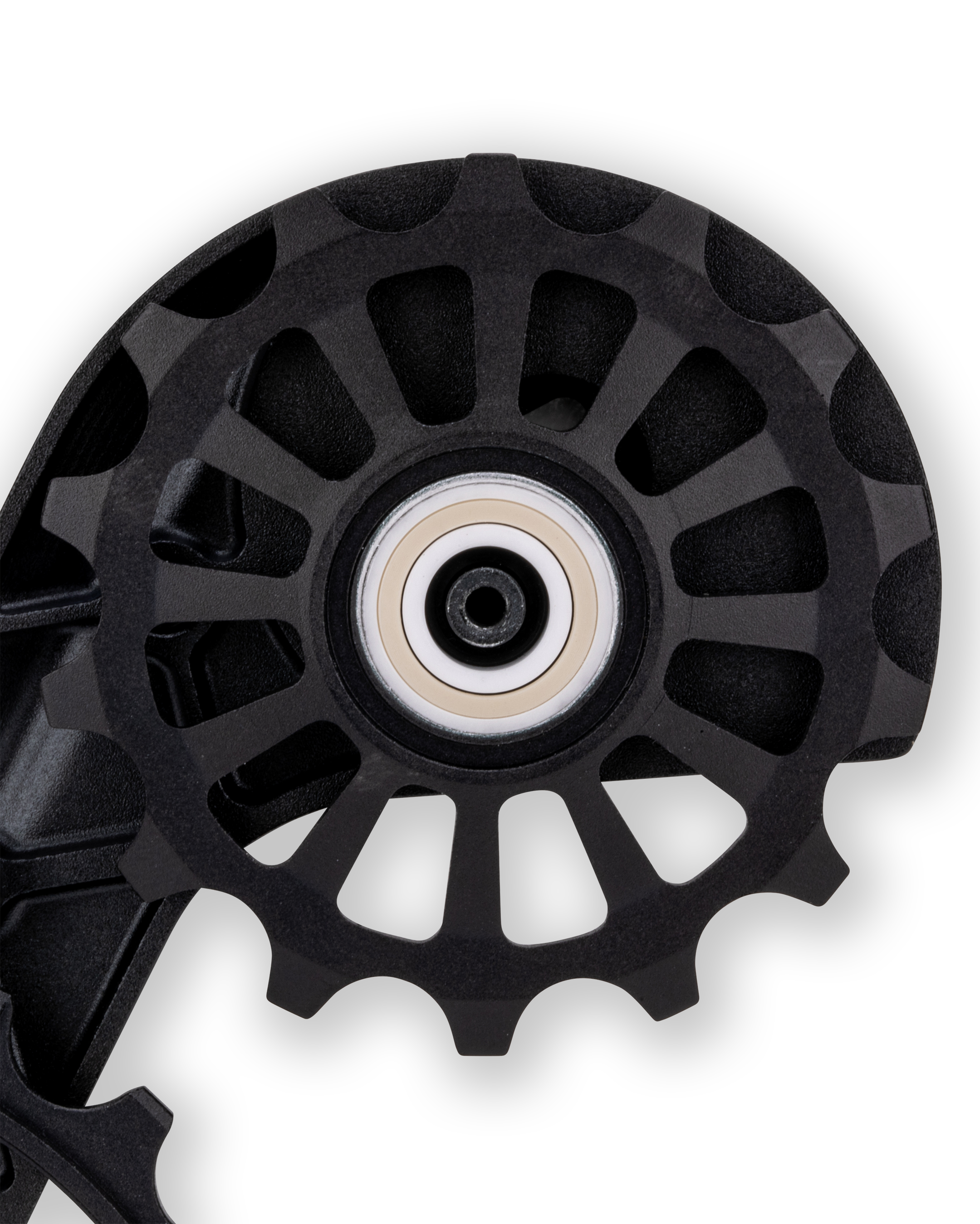Close up of the Kolossos Pulsar full ceramic bearing seated in the oversized pulley wheel
